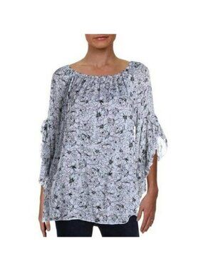 Floral Print Bell Sleeve Boho Blouse By Fever - Size M Lightweight Rayon Navy &